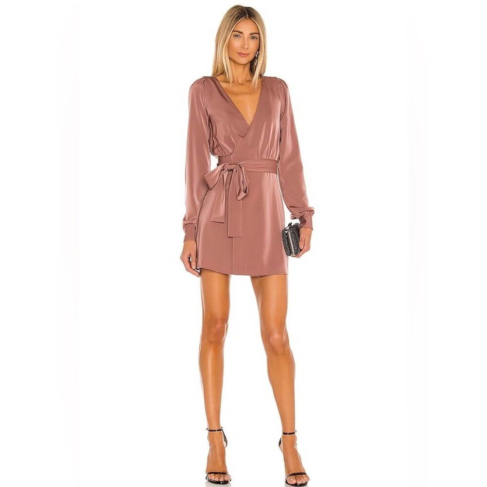 NBD by Revolve Janet Satin Wrap Mini Dress Mauve Long Sleeve XXS NWT